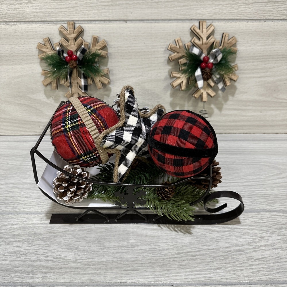 Mixed Media Buffalo‎ Plaid Sled 9.5x5x5" & Tree Toppers (Set of 2) 8" Holiday - Picture 2 of 4